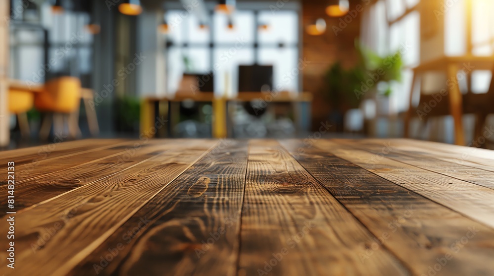 3D rendered image of a closeup view of a wooden table surface, with the busy background of an office setting artistically blurred