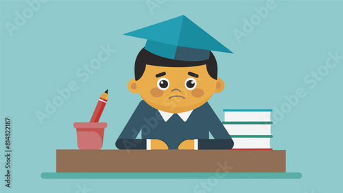 A cartoon of a student wearing a dunce cap with the words student debt written on it sitting at a desk with a broken pencil and a blank workbook.. Vector illustration