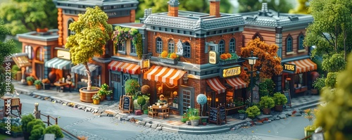 3D isometric coffee shop with outdoor seating, lively street view, detailed architecture