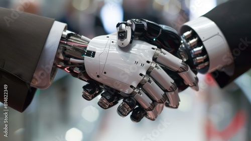 A mechanical hand and a human hand unite representing the merging of AI and humanity, Generated by AI