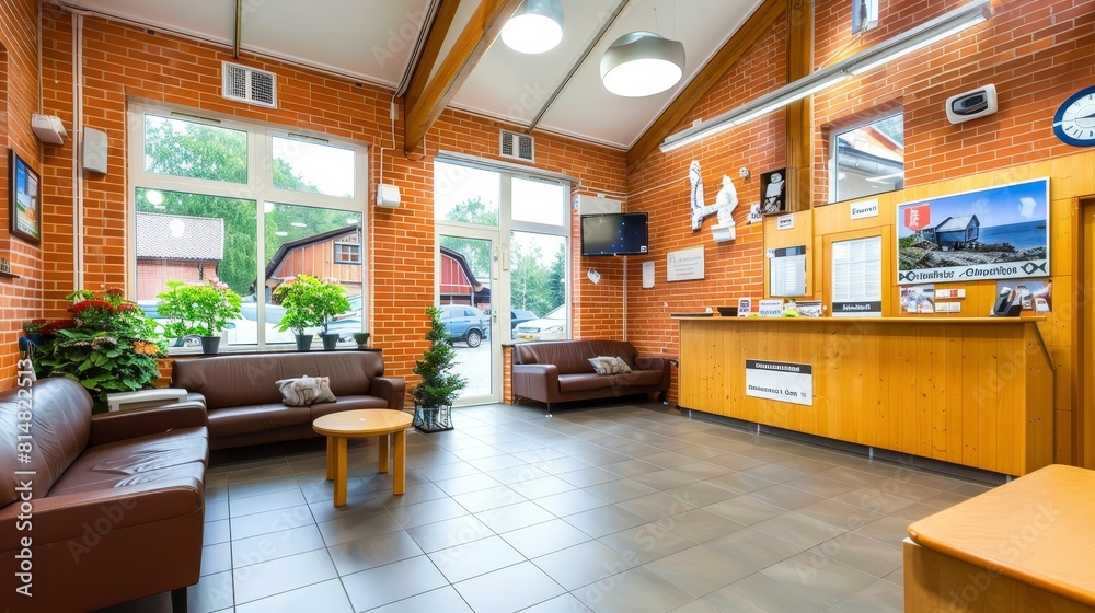 Brown sofas against stone tiles cladding wall in spacious room with high vaulted ceiling Brown sofas against stone tiles cladding wall in spacious room with high vaulted ceiling