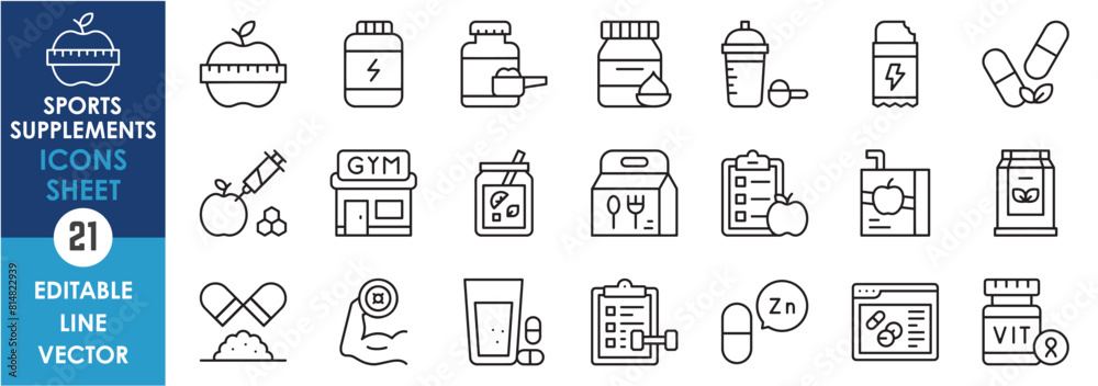 A set of line icons related to Sports Supplements. Outline icons with healthy food, vitamin, diet, gym, energy bar and so on. Gym nutrition icons. A set of line icons related to Sports Supplements. Outline icons with healthy food, vitamin, diet, gym, energy bar and so on. Gym nutrition icons.