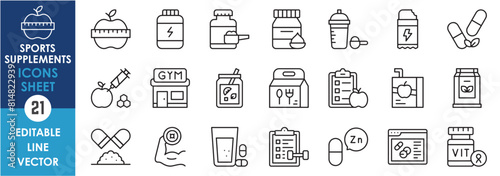 A set of line icons related to Sports Supplements. Outline icons with healthy food, vitamin, diet, gym, energy bar and so on. Gym nutrition icons.