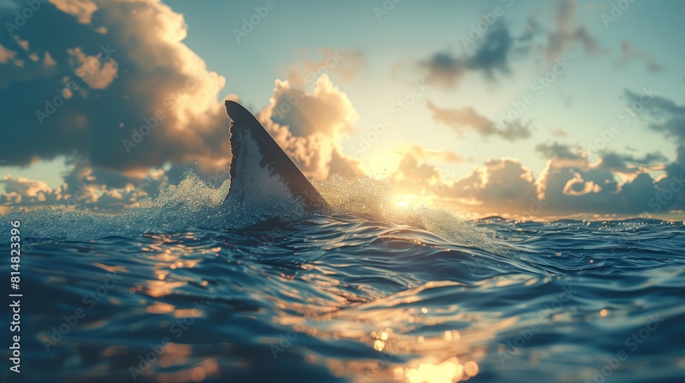 Fototapeta premium Shark fin on ocean surface in cloudy clear sky at sunset, sea life concept.