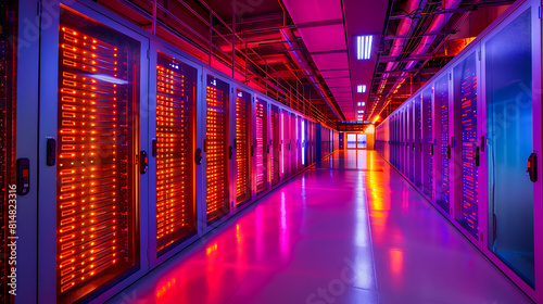 Modern data center with vibrant lighting