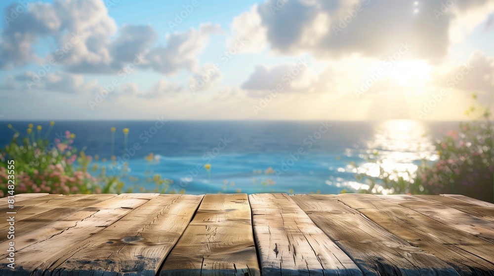 Blank wood table product mockup top on blurred beach background, summer concept.