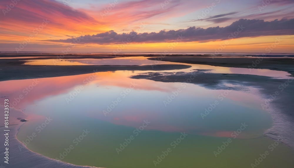 A colorful sunset reflected in the calm waters of