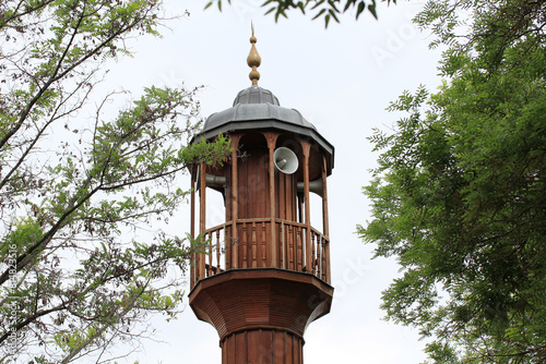 The wooden minaret of Sarıyakup Mosque. The mosque was built in the 19th century during the Ottoman period.