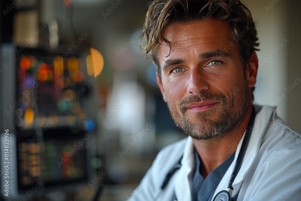 Confident male doctor in a lab coat with a stethoscope, smiling in a hospital setting Confident male doctor in a lab coat with a stethoscope, smiling in a hospital setting