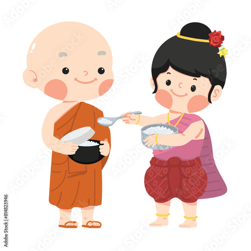 women in Thai dress make merit offer food with monk