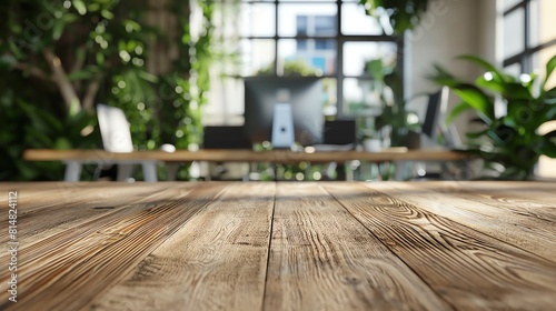 Highdetail 3D render of a wooden table surface closeup  with office workplace elements like computers and plants blurred in the background