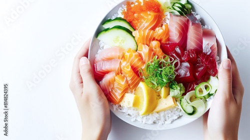 A person indulging in a bowl of chirashi sushi, admiring the colorful array of fresh sashimi slices