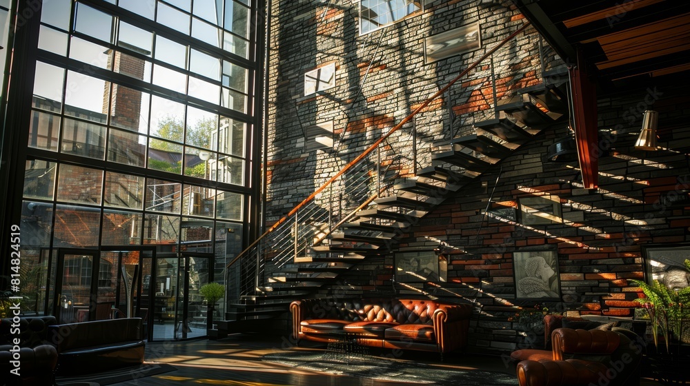 Brown sofas against stone tiles cladding wall in spacious room with high ceiling Brown sofas against stone tiles cladding wall in spacious room with high ceiling