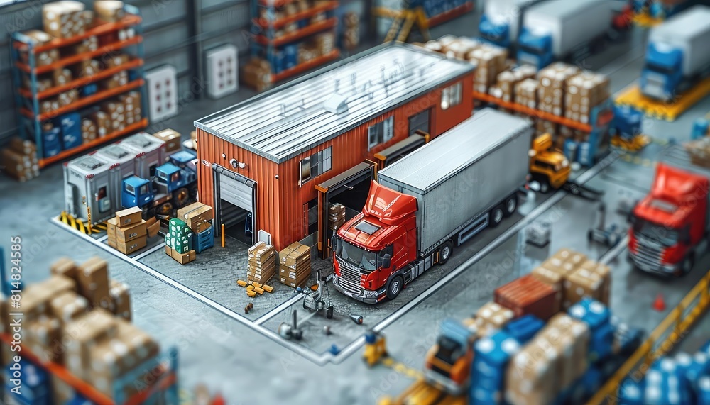 3D isometric warehouse, industrial area, trucks loading, functional layout 3D isometric warehouse, industrial area, trucks loading, functional layout