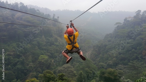 Thrilling zip line adventure through enchanting misty woods and lush forest canopy