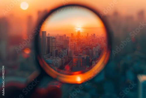 Sunset city view through magnifying glass