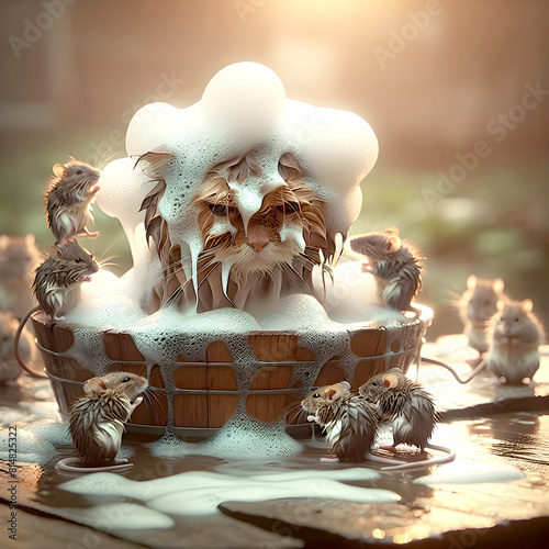 A whimsical scene where a group of mice are frolicking around a wooden tub overflowing with suds revealing the face of a disgruntled cat