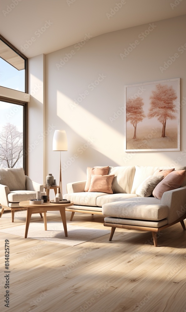 Aesthetic modern Scandinavian home interior design. Elegant living room with comfortable sofa