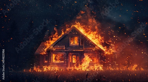 House Ablaze Nighttime. Front View A house engulfed in flames under a starry night sky, highlighting the dangers of fire Night blaze photo