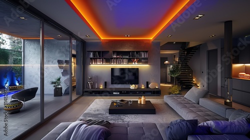 Create a cozy modern living room with a plush sofa, a big-screen TV, and LED strips installed along the