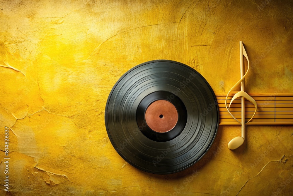 Obraz premium Vinyl record and music note on yellow background. Music concept.
