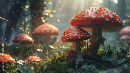 Red and white toadstools in a dense green forest