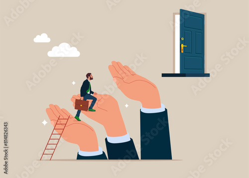 Step up the ladder to success goal in life and progress in the job. Leadership or career path growth strategy.  Flat modern vector illustration.