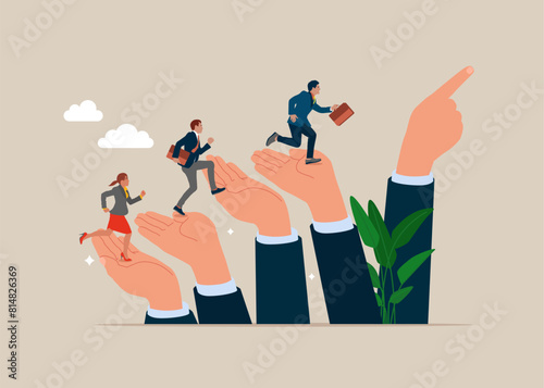 Leadership or career path growth strategy.  Determination to grow and success. Business people step up stairway on leader pointing hand. Flat  vector illustration