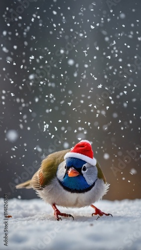 Adorable Avian Celebration, Funny Christmas Birds Donning Tiny Red Hats in Falling Snow.