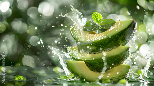 avocado slices fall into the water over blurred background
