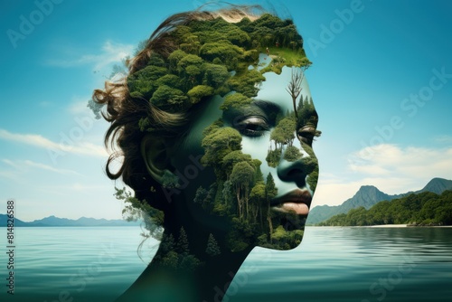 Artistic profile of a person with lush forest seamlessly blended with facial features © juliars