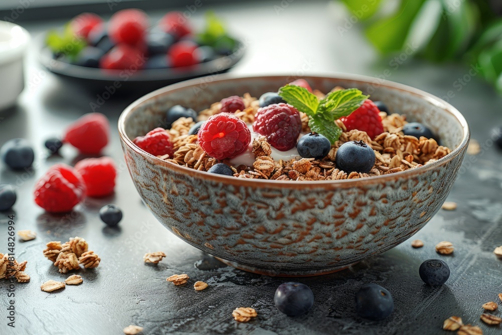 Bowl of yogurt with strawberries, blueberries, raspberries, and almonds Bowl of yogurt with strawberries, blueberries, raspberries, and almonds