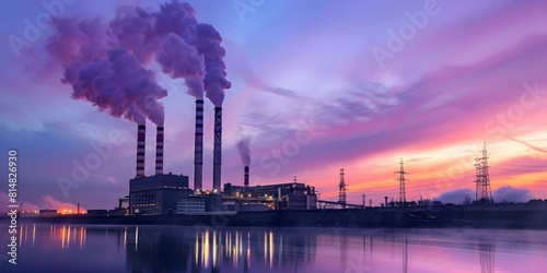 Twilight view of industrial smokestacks emitting harmful fumes into the environment. Concept Environmental Pollution  Industrial Emissions  Harmful Effects  Twilight Scene  Urban Landscape