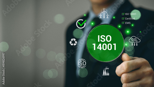 ISO 14001 concept. ISO standards quality control 14001 certified for environmental management systems (EMS). Identify, control and reduce the environmental impact of activities. Modern ISO banner.