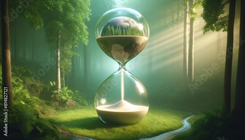 A large hourglass set in a lush green environment, with a degraded globe at the top slowly turning into sand that falls