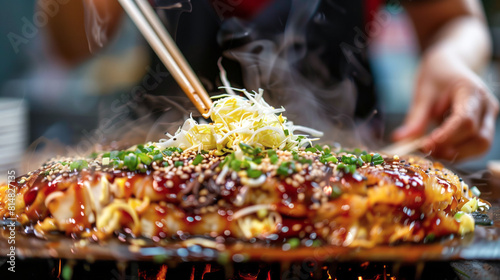 A stylish Japanese lady indulging in a plate of savory okonomiyaki