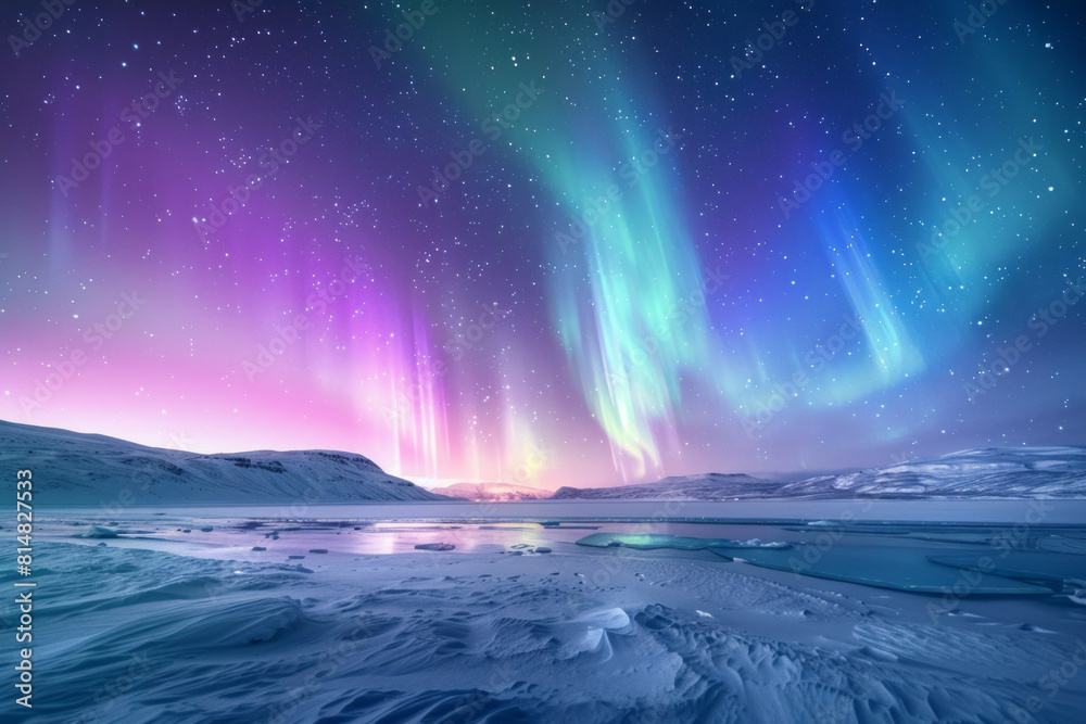 A mesmerizing display of the aurora borealis, with vibrant ribbons of green, purple, and blue light dancing across a starry sky above a pristine snowy landscape