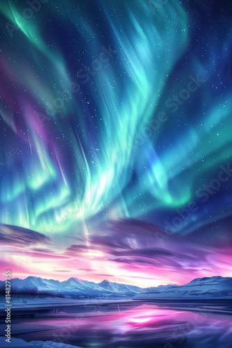 A mesmerizing display of the aurora borealis, with vibrant ribbons of green, purple, and blue light dancing across a starry sky above a pristine snowy landscape © grey