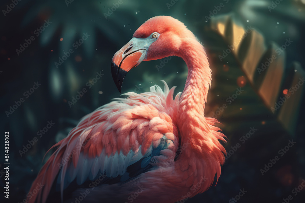Obraz premium Pink Flamingo birg on a green tropical background, close up