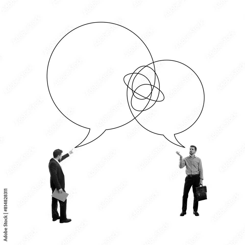 Business collaboration and strategic dialogue. Two businessmen with speech bubbles over head. Contemporary art collage. Concept of business, entrepreneurship, communication. Line art design. Business collaboration and strategic dialogue. Two businessmen with speech bubbles over head. Contemporary art collage. Concept of business, entrepreneurship, communication. Line art design.