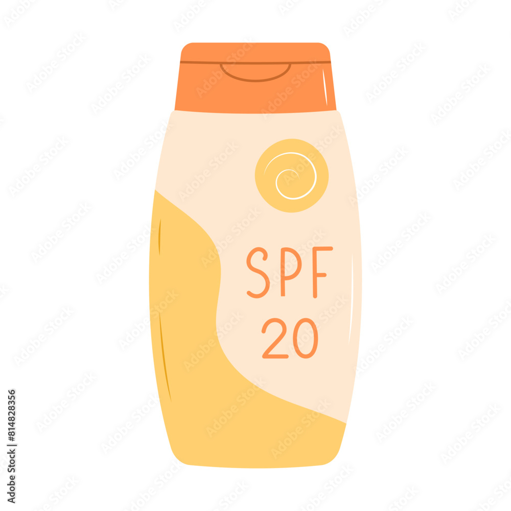 Sunscreen cream in bottle. SPF 20. Flat vector illustration isolated on white background Sunscreen cream in bottle. SPF 20. Flat vector illustration isolated on white background
