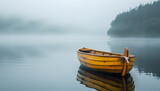 A single small wooden boat on a misty lake