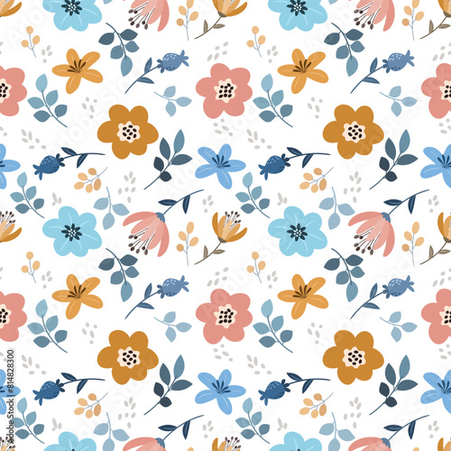 Cute abstract flowers on white background seamless pattern for fabric textile wallpaper giftwrapping paper background. © teerawat