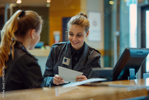 Smiling and beautiful receptionist behind the counter attend the guest standing at the reception desk in a modern hotel  photo