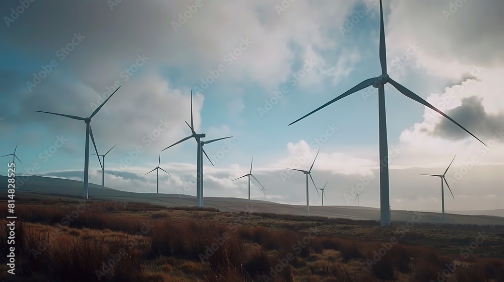 Dreamer's Paradise: Endless rows of majestic wind turbines standing tall in a vast field, harnessing the power of the wind, under a clear blue sky. Renewable energy concept Dreamer's Paradise: Endless rows of majestic wind turbines standing tall in a vast field, harnessing the power of the wind, under a clear blue sky. Renewable energy concept