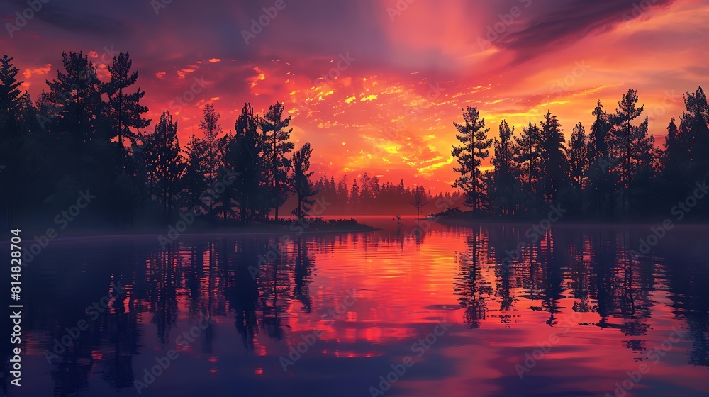A tranquil lake reflecting the vibrant hues of sunset, with silhouetted trees lining the shore