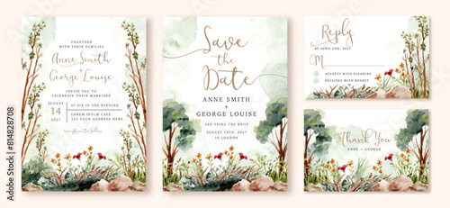 wedding invitation set with beautiful forest watercolor landscape