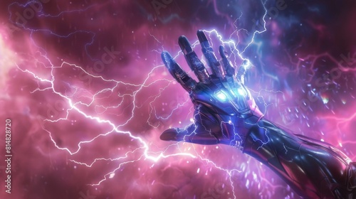 A super heros hand releasing powerful bolts of lightning into the air photo