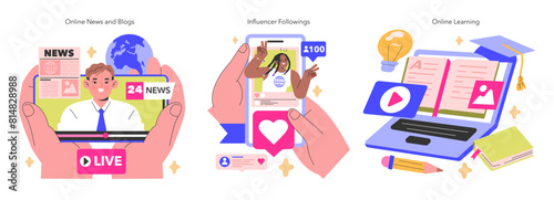 Media Consumption trio Navigating through online news, engaging with influencers, embracing e-learning Connectivity reshaping information and education Vector illustration