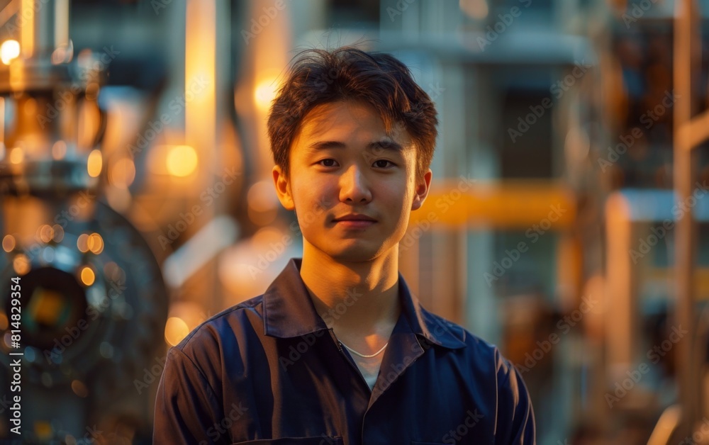 A man in a blue shirt is standing in front of a large industrial building. He is smiling and looking directly at the camera A man in a blue shirt is standing in front of a large industrial building. He is smiling and looking directly at the camera